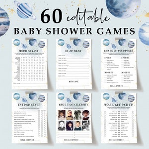 Outer Space Baby Shower Games Bundle Editable Templates Astronaut Galaxy Baby Shower The Countdown Has Begun Houston Watercolor Planets IS1
