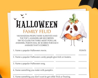 May include: A Halloween Family Feud game sheet with fill-in-the-blank questions. The sheet features a pumpkin ghost illustration and asks questions about Halloween movies, candy, songs, and more. Black paper bats decorate the orange background.