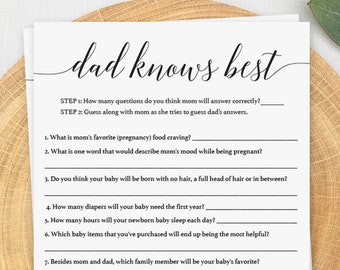 Calligraphy Baby Shower Daddy Knows Best Game Printable Simple Baby Shower Games Dad Knows Best Printable Black and White Baby Party PDF CL2