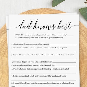 Calligraphy Baby Shower Daddy Knows Best Game Printable Simple Baby Shower Games Dad Knows Best Printable Black and White Baby Party PDF CL2