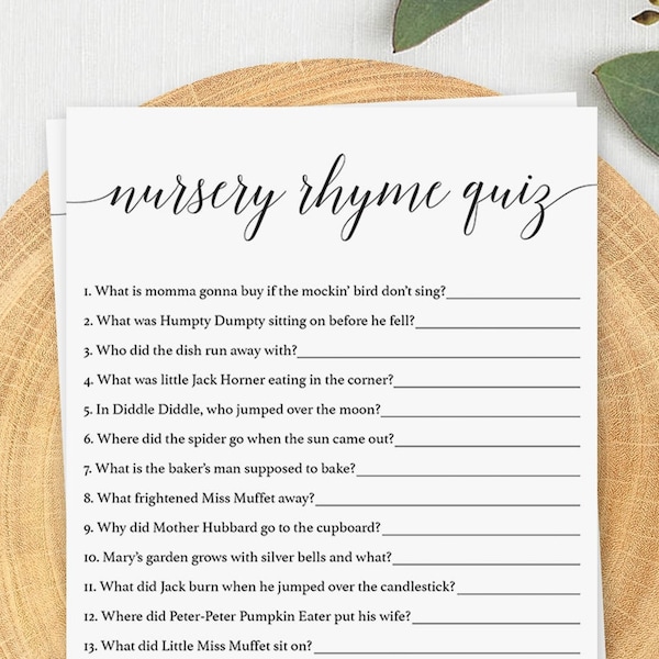 Nursery Rhyme Game for Baby Shower Minimal Black and White Babyshower Nursery Rhyme Quiz Printable Guess that Nursery Rhyme Baby Games CL2