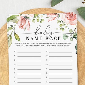 Blush Floral Baby Name Race Game Printable Baby Shower Games Instant Download Guess That Baby Name Game Gender Neutral Babyshower Games BB1