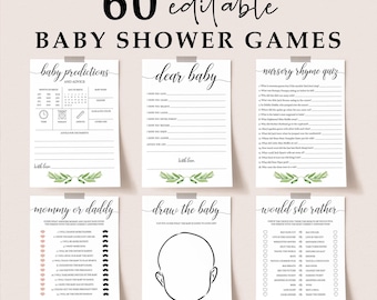 Greenery Baby Shower Game Bundle: 60 Editable Templates (Digital Download) GL1