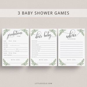 Blad babyshowerspelletjespakket afdrukbare groene babyshower advies en beterschapswensen voor baby Voorspellingskaarten gebladerte babyshower spelbundel OF2