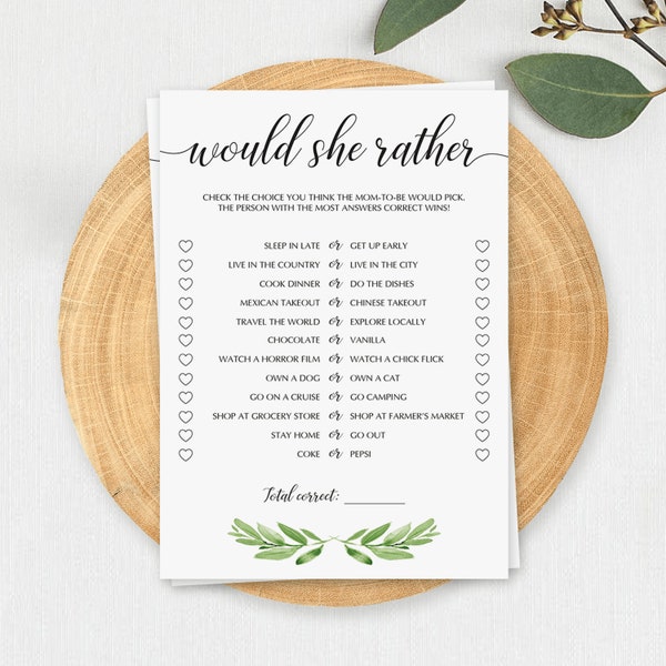 Would She Rather Baby Shower Game Greenery Babyshower Games Printable Gender Neutral Garden Baby Shower Ideas Mommy Quiz Guessing Games GL1