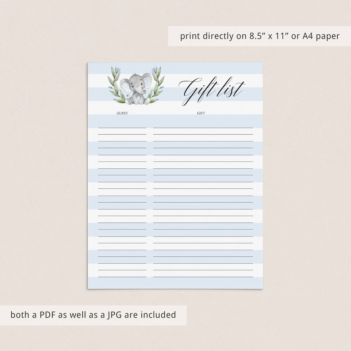 Gift List for Baby Shower Gift List Printable Baby Elephant - Etsy