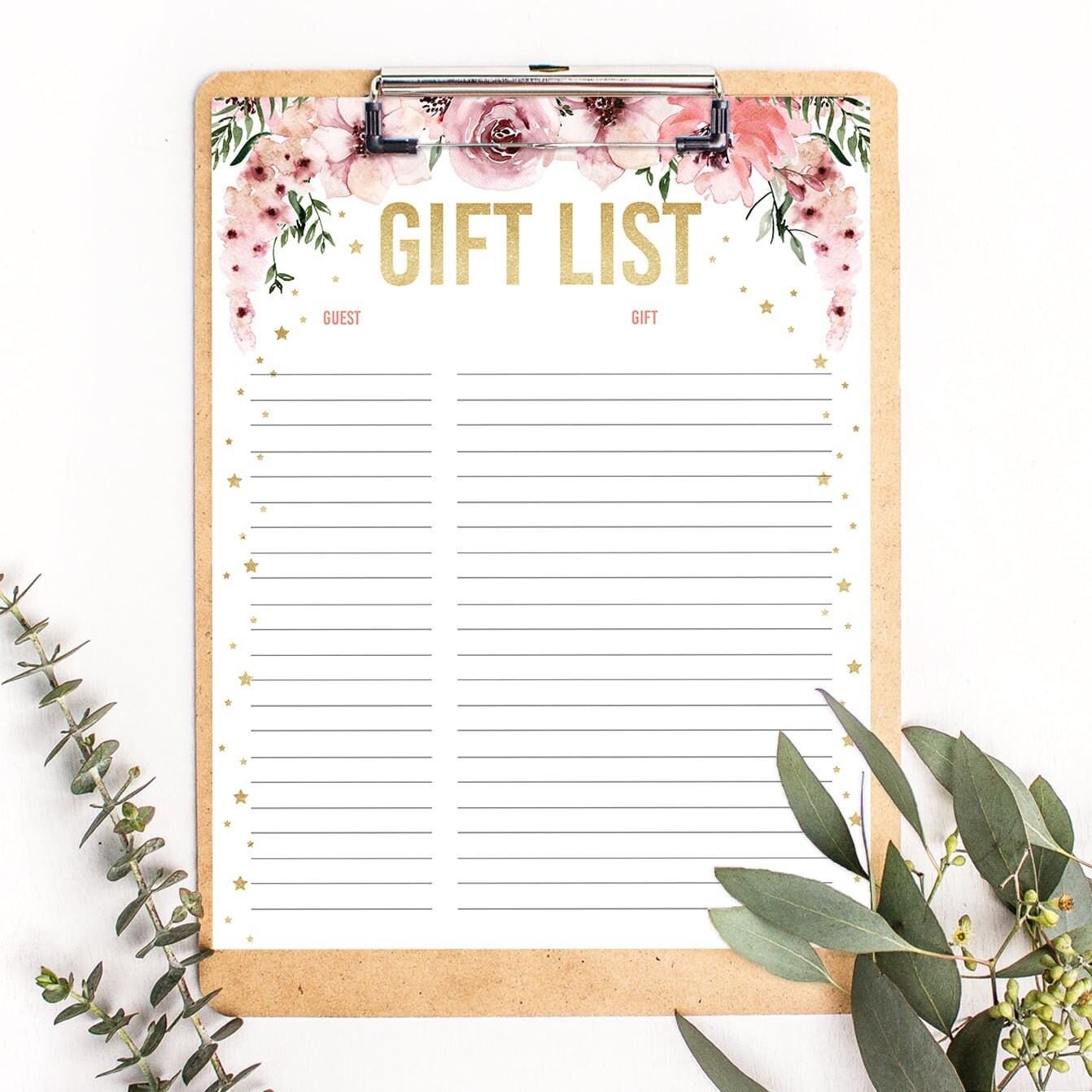 Floral Baby Shower Gift List Printable Gold Glitter Babyshower Etsy