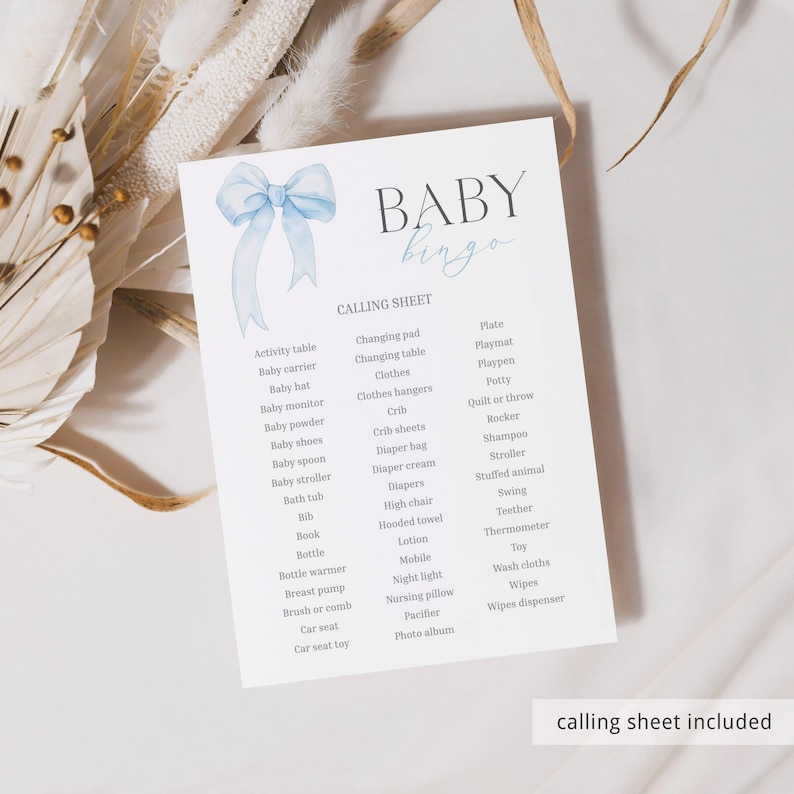 Coquette Baby Shower Bingo Game: Blue Bow, 60 Printable Cards (Digital Download) BL1 image 5