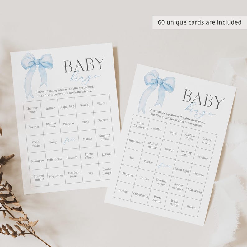 Coquette Baby Shower Bingo Game: Blue Bow, 60 Printable Cards (Digital Download) BL1 image 4