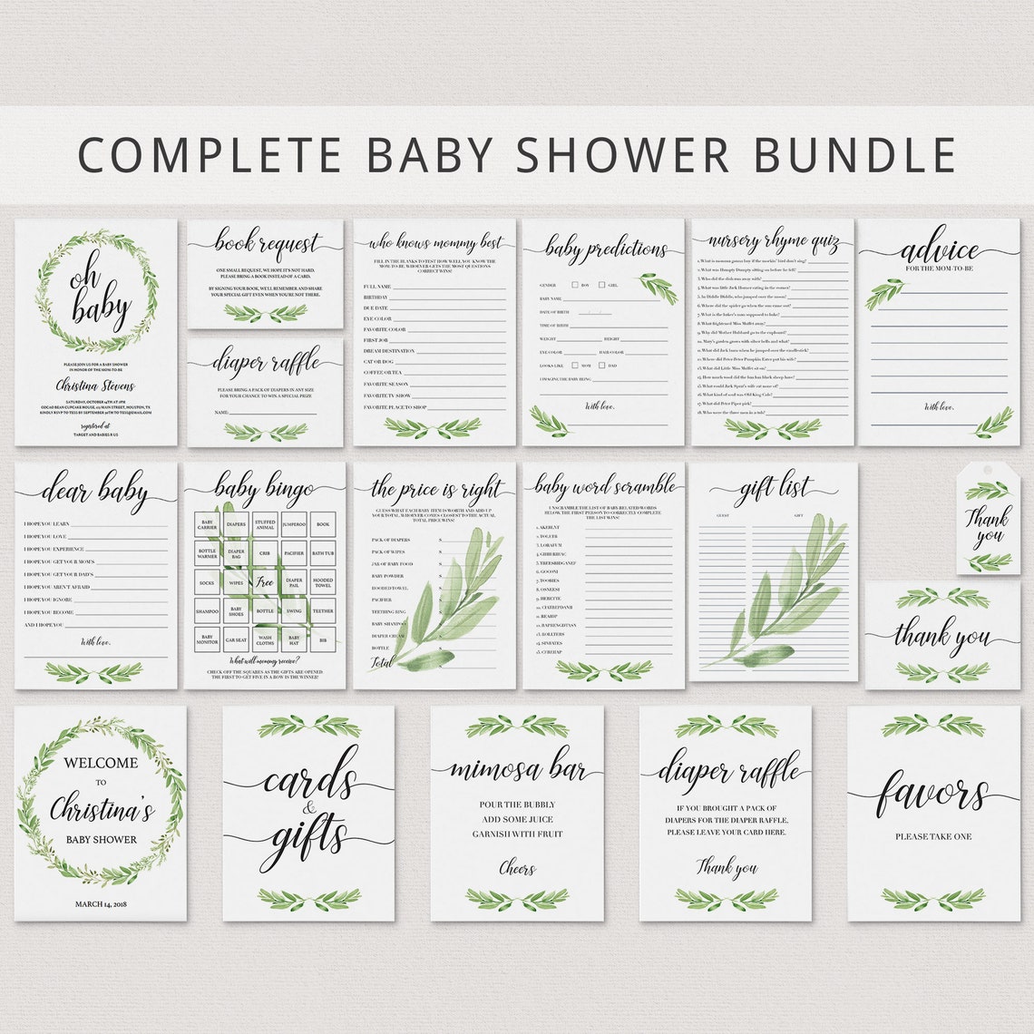 Full Baby Shower Bundle Printable Greenery Baby Shower | Etsy