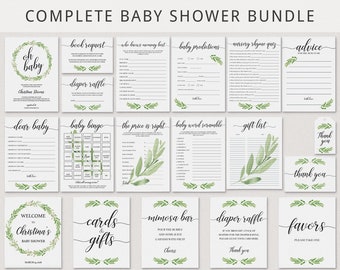 Full Baby Shower Bundle Printable Greenery Baby Shower Invitation and Enclosure Cards Complete Baby Shower Games Pack Baby Shower Signs GL1