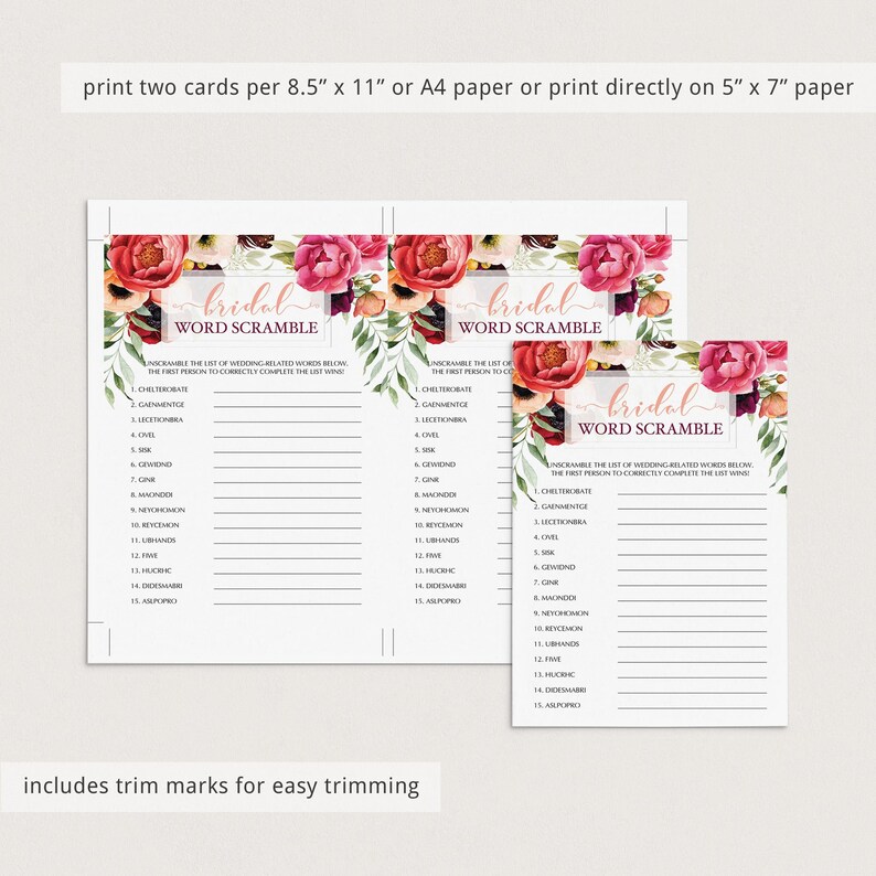 floral word scramble bridal shower word scramble answers
