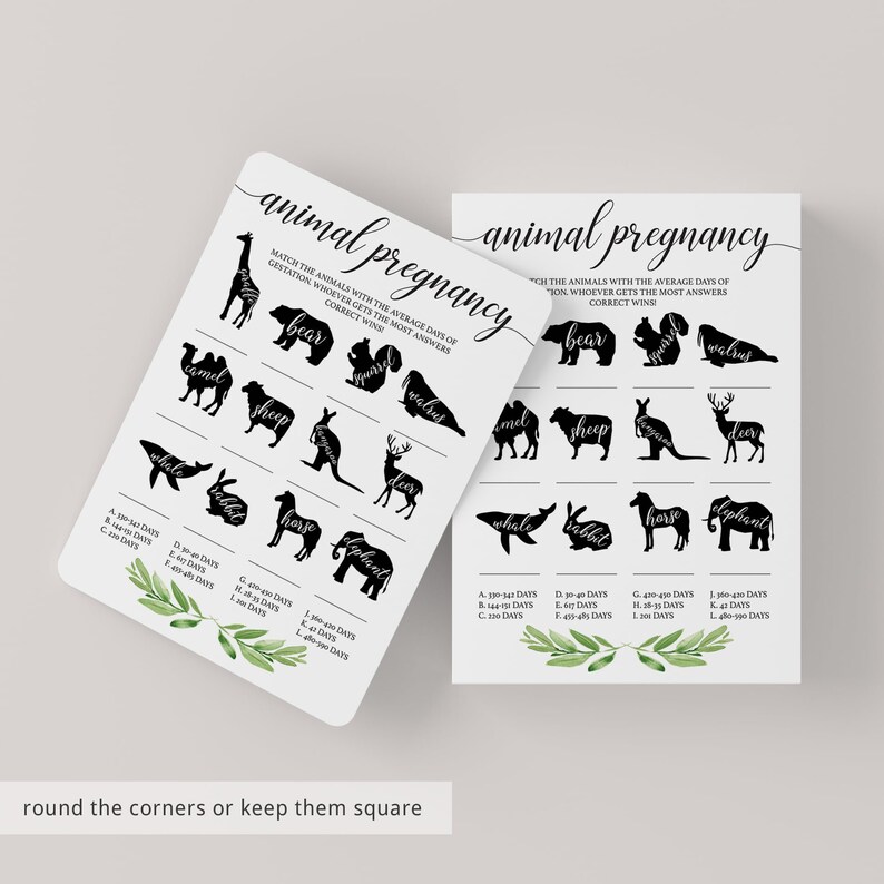 Animal Pregnancy Game Printable Animal Gestation Game Greenery | Etsy