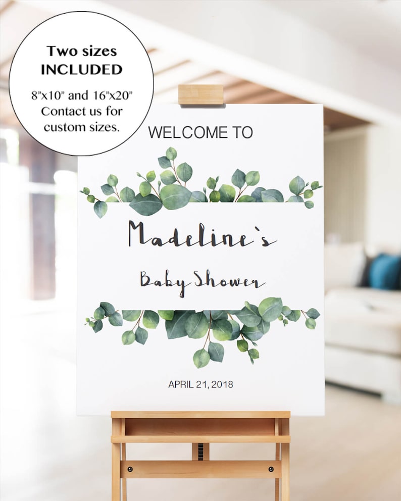 Greenery Baby Shower Signs Pack Green Leaves Welcome Sign Printable Editable Sign Botanical Baby Shower Decorations Green Mimosa Sign CE2