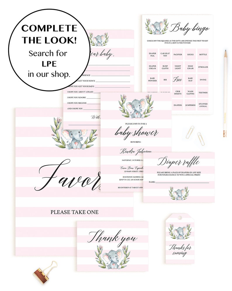 Elephant Baby Shower Games Bundle Instant Download Safari Babyshower Games Pink and White Name That Baby Animal Elephant Themed Emojis LPE