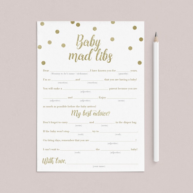Baby Mad Libs Baby Game Printable Gold Confetti Baby Shower - Etsy