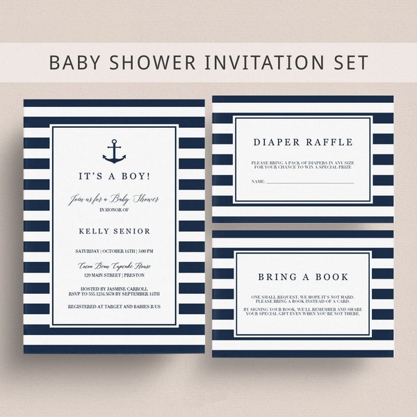 Nautical Baby Shower Invitation Set Template Download Anchor Baby shower Invitations Navy Blue Baby Boy Shower Invites Instant Download NS1