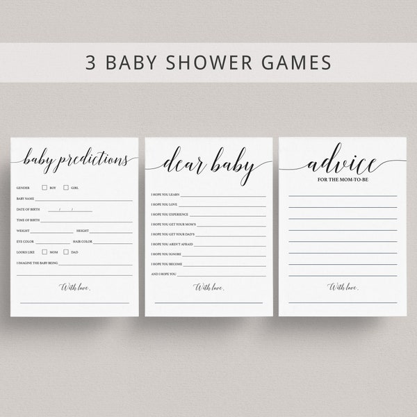 Simple Babyshower Games Printable Calligraphy Baby Shower Games Pack Gender Neutral Baby Shower Dear Baby Wishes Cards Baby Predictions CL2