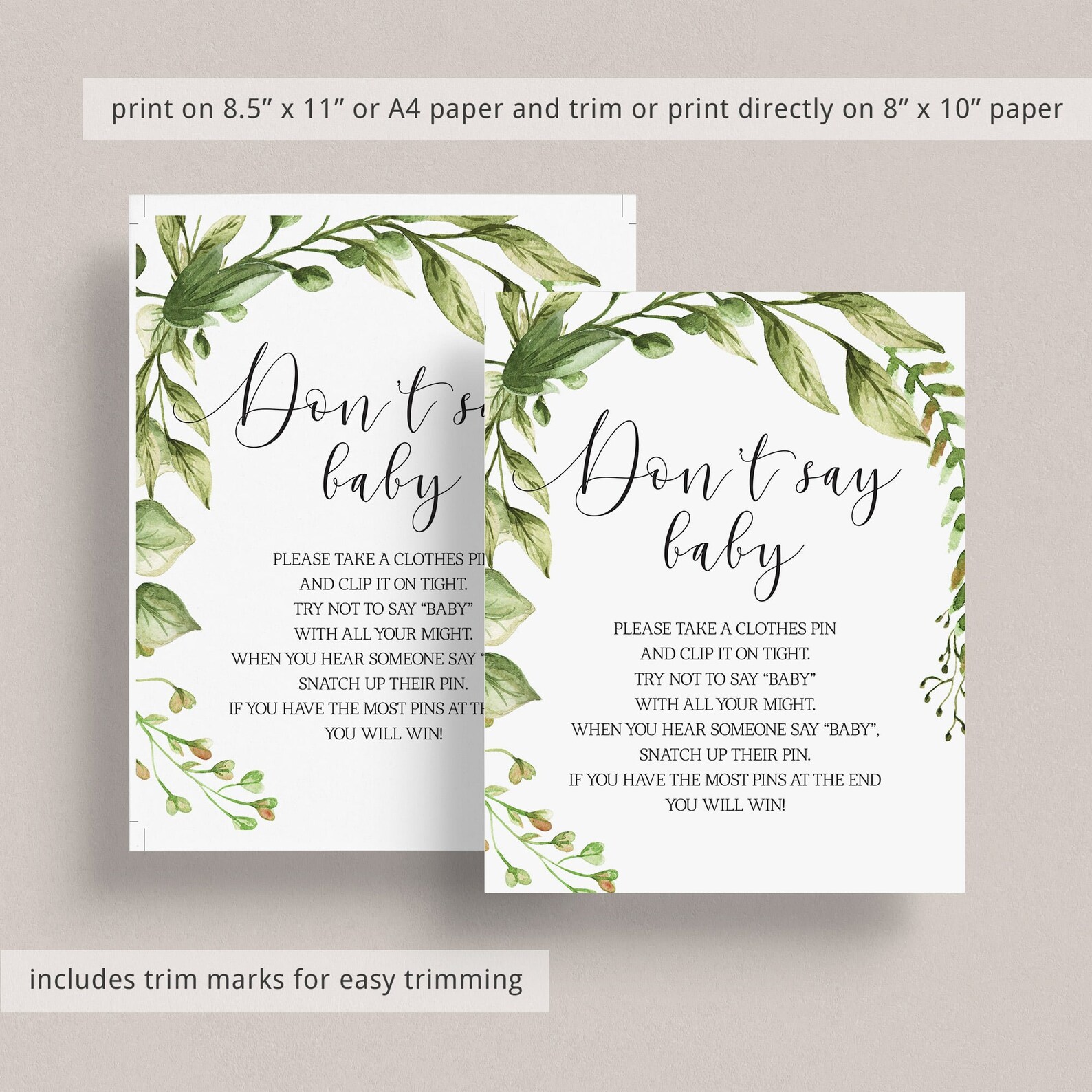 Dont Say Baby Printable Greenery Baby Shower Games Download | Etsy