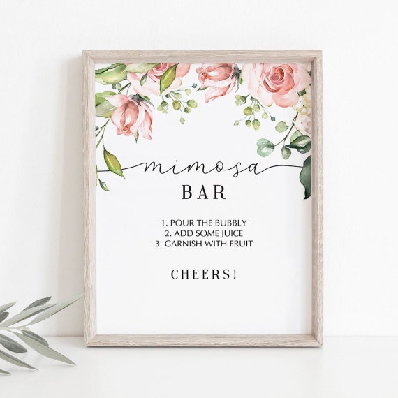 Printable Mimosa Bar Sign with blush watercolor flowers | Instant download