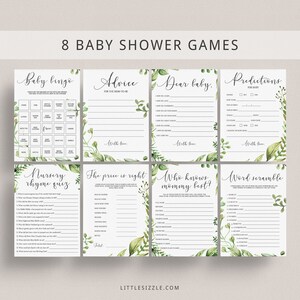 Greenery Baby Shower Games Package Green Baby Bingo Prefilled and Bingo Editable Template Dear Baby Wishes for Baby Card Printable Games CG2