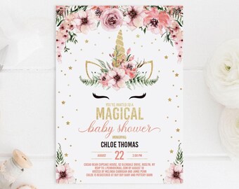 Modello di invito per baby shower a tema unicorno da scaricare immediatamente Invito per baby shower rosa e oro Invito per baby shower per bambine con unicorno stampabile MU1