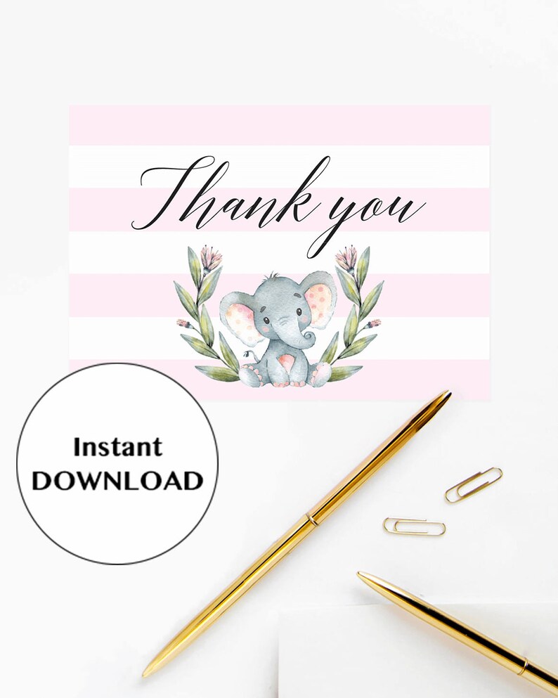 Elephant Thank You Cards Baby Shower Elephant Thank You Cards Printable Pink and White Baby Shower Decor Instant Download Pink Elephant LPE