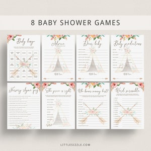 Bohemian Baby Shower Games Kit Instant Download Floral Boho Chic Babyshower Games Pack Printable Baby Bingo Prefilled Scrambled Words TR1
