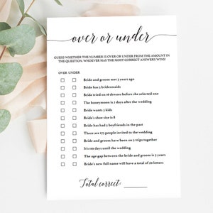 Minimalist Bridal Shower Over or Under Game Printable Over Under Bridal ...