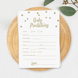 Babyvoorspellingskaarten Babyshower Voorspellingskaarten Printables Confetti Babyshowergames Goud glitter Babyshower Genderneutraal douchen GCO