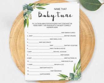 Greenery Name That Baby Tune Game for Baby Shower Games Printable Watercolor Eucalyptus Leaves Baby Game Printable Guess the Baby Song CE2