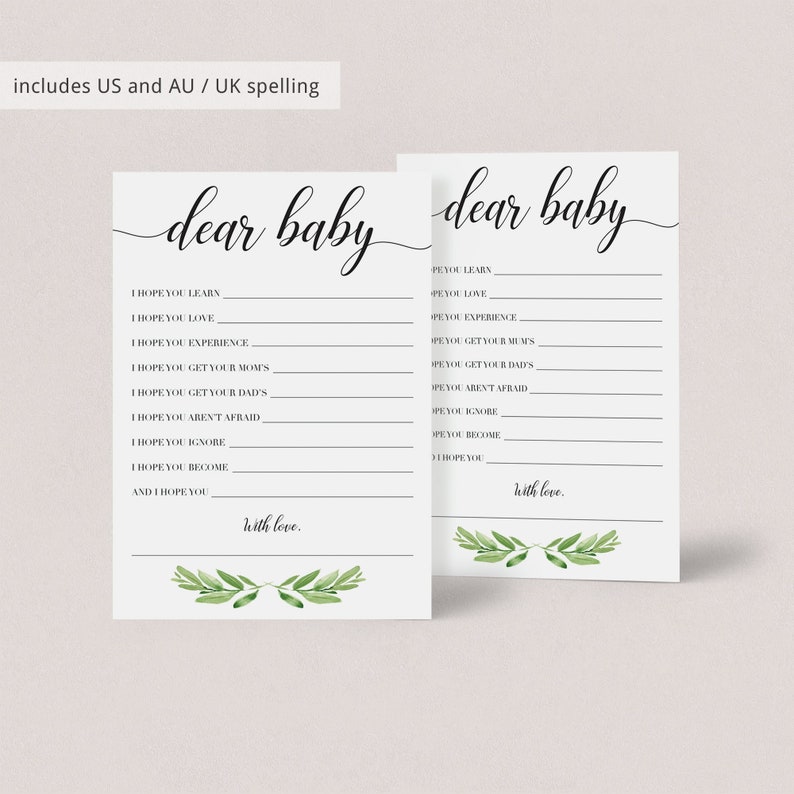 Baby Shower Games Printable Dear Baby Shower Game Instant Download Green Leaves Watercolor Baby Shower Game Baby Wishes Download Baby GL1 image 3