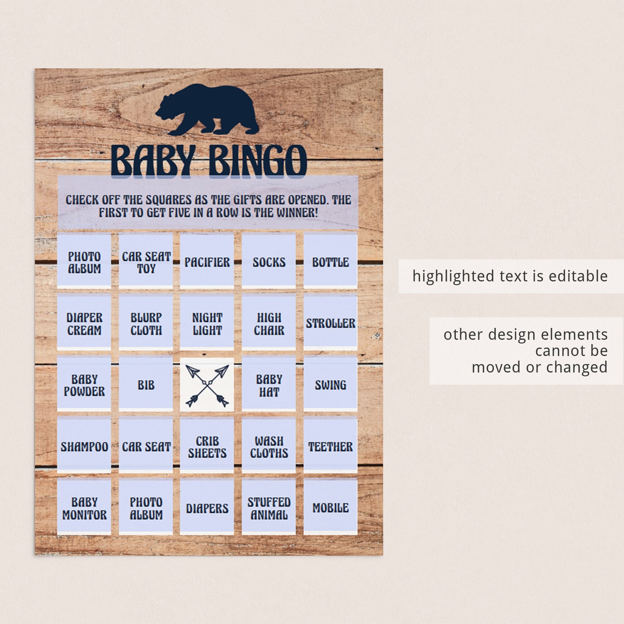 Rustic Baby Bingo Printable Baby Bear Baby Bingo Prefilled | Etsy