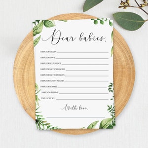 Biglietti d'auguri per bambini, biglietti d'auguri stampabili con il tema del verde per i bambini, biglietti d'auguri botanici scaricabili per il baby shower, giochi per il baby shower dei gemelli CG2