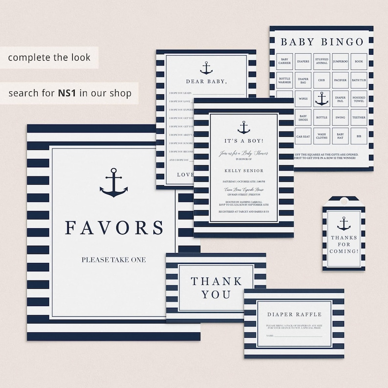 Coastal Baby Shower Kit Decoration Baby Shower Package Boy Nautical Baby Shower Signs Printable Navy Blue Baby Sprinkle Table Decor PDF NS1 image 9