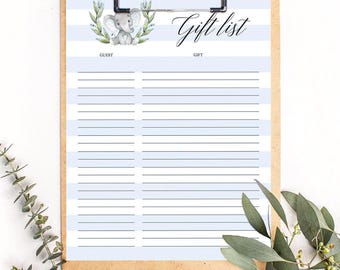 Gift List for Baby Shower Gift List Printable, Baby Elephant Theme Baby Shower Gift Tracker, Gift List Sheets, Birthday Instant Download LBE