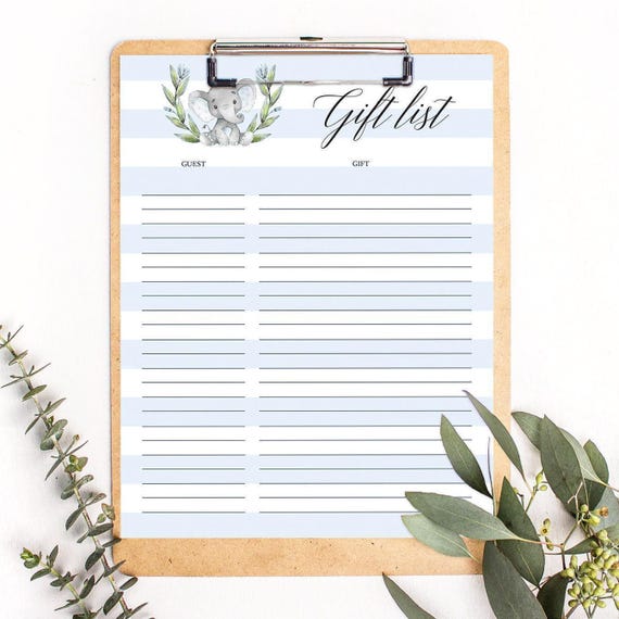 Gift List for Baby Shower Gift List Printable, Baby Elephant Theme Baby Shower Gift Tracker, Gift List Sheets, Birthday Instant Download LBE