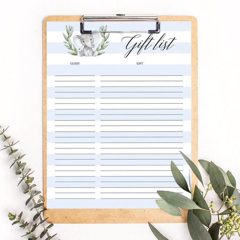 Gift List for Baby Shower Gift List Printable, Baby Elephant Theme Baby Shower Gift Tracker, Gift List Sheets, Birthday Instant Download LBE image 1