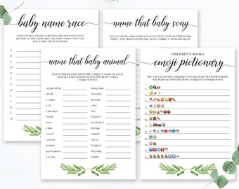 Greenery Baby Shower Games Kit Emoji Pictionary Childrens Books Baby Animal Game Watercolor Green Leaves Botanical Baby Shower Baby Tune GL1