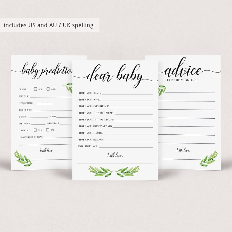 Greenery Baby Shower Games for Zoom Baby Party Printables Virtual Baby Shower Dear Baby Game Virtual Baby Wishes Virtual Advice Cards GL1