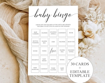 Baby Bingo Cards Prefilled and Blank Baby Shower Bingo Game Editable Baby Bingo Template Calligraphy Babyshower Bingo Game Printable PDF CL2