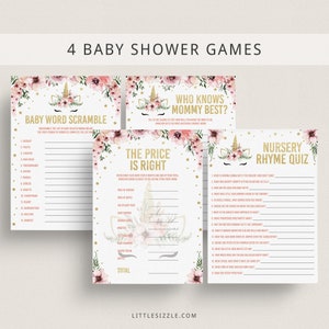 Gold Unicorn Baby Shower Games Set Floral Games for Baby Shower Unicorn Ideas Gold and Pink Unicorn Babyshower Games Baby Word Scramble MU1