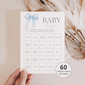 Coquette Baby Shower Bingo Game: Blue Bow, 60 Printable Cards (Digital Download) BL1 image 1