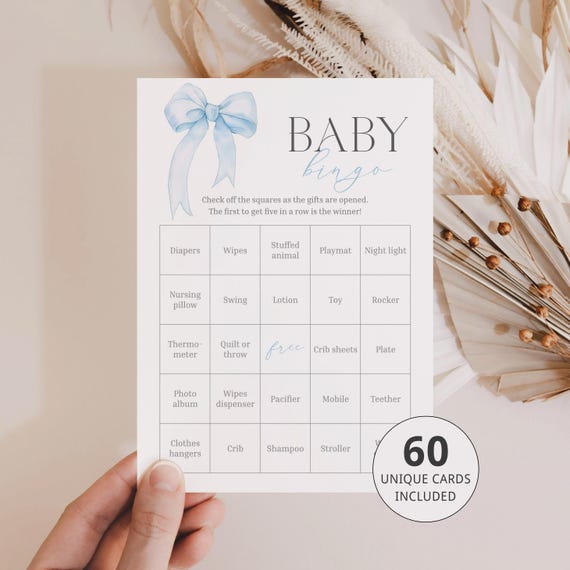Coquette Baby Shower Bingo Game: Blue Bow, 60 Printable Cards (Digital Download) BL1