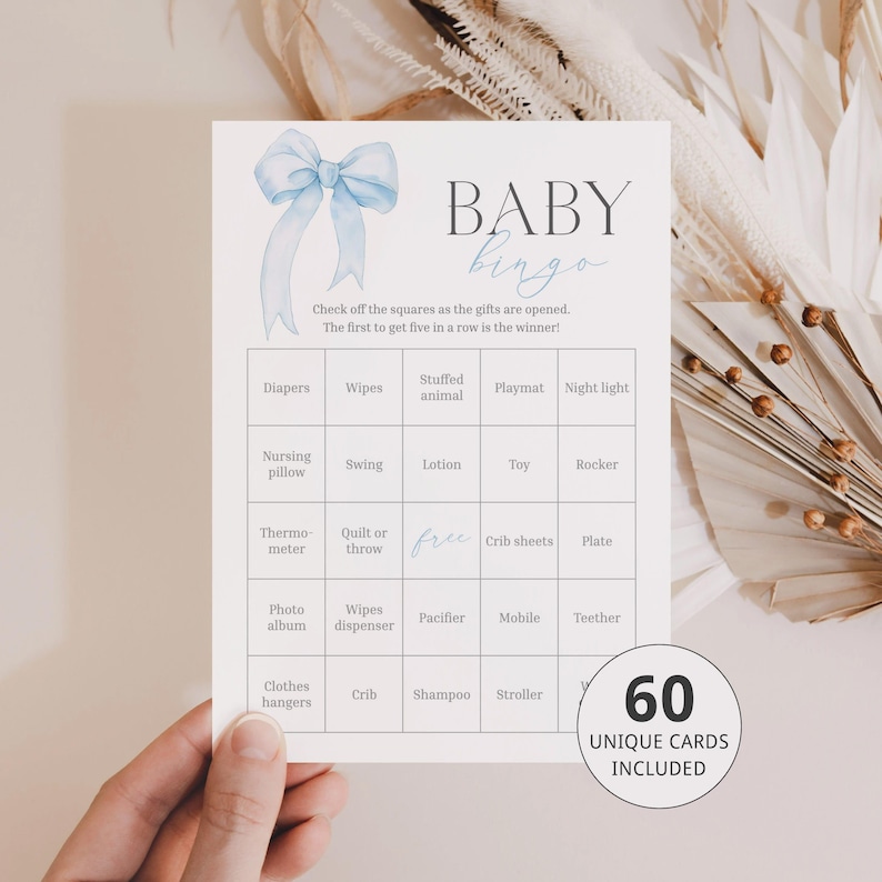 Coquette Baby Shower Bingo Game: Blue Bow, 60 Printable Cards (Digital Download) BL1 image 1