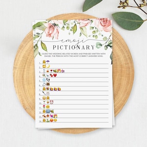 Gioco Pictionary con emoji per la festa nuziale, stampabile, con carte da gioco con emoji floreali per la sposa, fiori acquerellati, emoji per la festa nuziale, scaricabile da Pictionary BB1