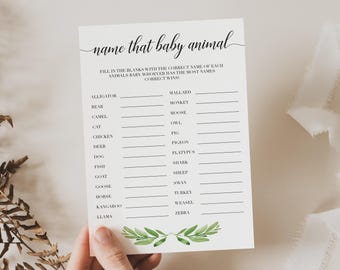 Karty do gry „Nazwij to zwierzątko” do druku | Pomysł na zabawę na baby shower w zieleni, leśna gra na baby shower, liściaste zwierzątko do druku GL1