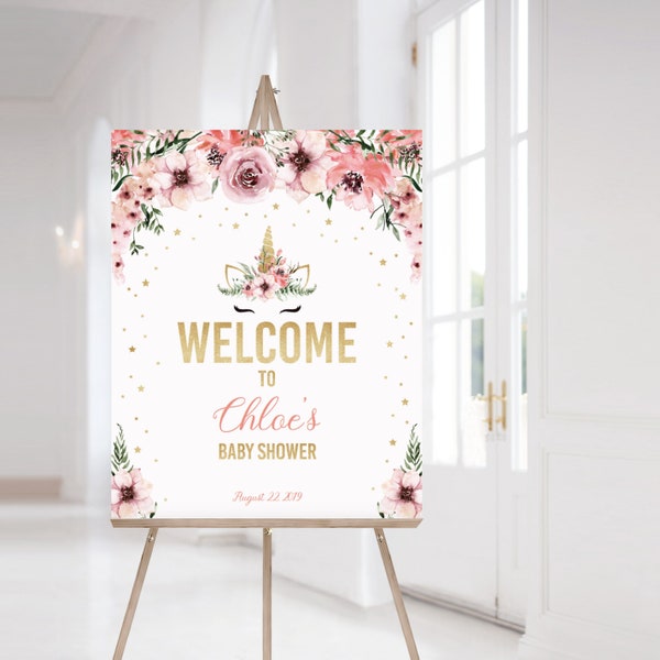 Floral Unicorn Baby Shower Welcome Sign Printable Pink and Gold Unicorn Decorations for Babyshower Unicorn Themed Welcome Sign Template MU1