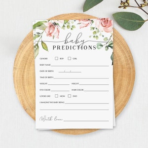 Voorspel baby's ziet er bloos uit Bloemen babyvoorspellingskaart Afdrukbare voorspellingen voor babykaarten Roze rozen Babyshowergames Gender Reveal BB1