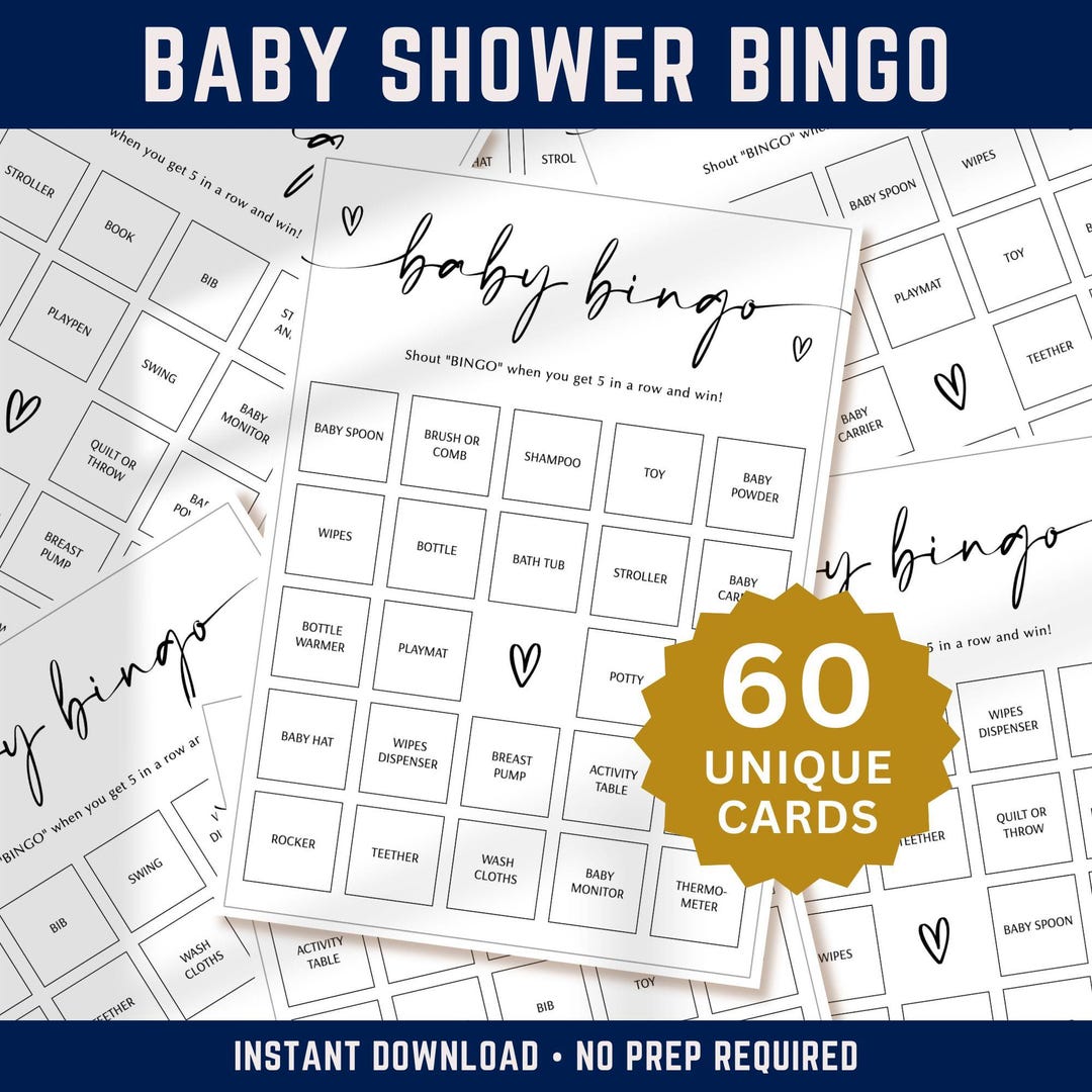 Baby Shower Bingo 60 Cards Printable | Prefilled Baby Shower Bingo Game ...